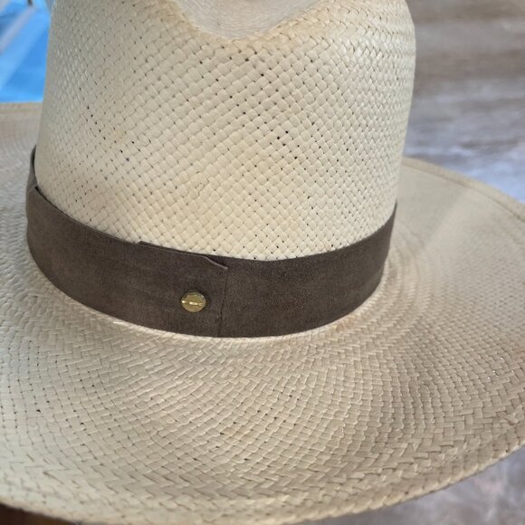 Janessa Leone Cream Brown Band Woven Straw Classic Fedora Hat US Made Size M main image 7